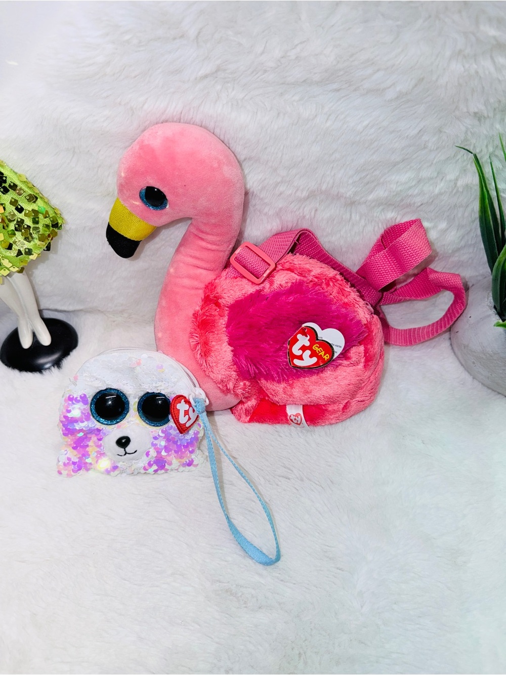 NWT TY Beanie Plush Flamingo Backpack - Pink Plus Seal Sequined Wallet 🪪